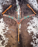 Painted Cactus Breast Collar and One Ear Headstall displayed cowhide.