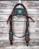 Beaded Cactus Browband Headstall displayed on a wood background.