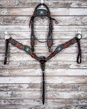Beaded Cactus Breast Collar and Browband Headstall displayed on a wood background.