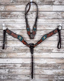Beaded Cactus Breast Collar and One Ear Headstall displayed on a wood background.