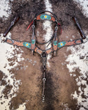 Beaded Cactus Breast Collar and Browband Headstall displayed on cowhide.
