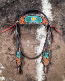 Beaded Cactus Browband Headstall displayed on cowhide.