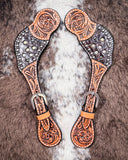 Crystal Collection Ladies Spur Straps displayed on cowhide.