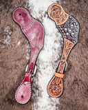 Crystal Collection Ladies Spur Straps displayed on cowhide.