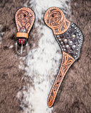 Crystal Collection Ladies Spur Straps displayed on cowhide.