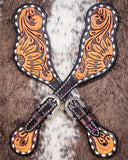 Floral and Sunflower Tooled Ladies Spur Straps displayed on cowhide.