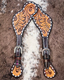 Floral and Sunflower Tooled Ladies Spur Straps displayed on cowhide.