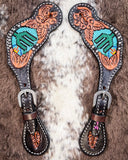 Beaded Cactus Ladies Spur Straps displayed on cowhide.