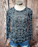 The Bootstitch Burnout Mesh Top displayed and styled on mannequin in front of a wood backdrop.