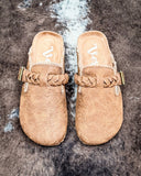 Iris Tooled Slip on Mule in Tan by Very G displayed on cowhide.