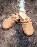 Iris Tooled Slip on Mule in Tan by Very G displayed on cowhide.