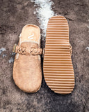 Iris Tooled Slip on Mule in Tan by Very G displayed on cowhide.