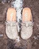 Iris Tooled Slip on Mule in Taupe by Very G displayed on cowhide.