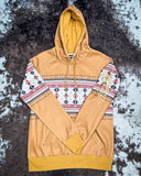 Front view of the Ladies Legendary Hooey Hoodie in Tan with Thunderbird Accents on cowhide.