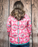 Back view of the Brynella Aztec Jacket on a model in front of a wood backdrop.