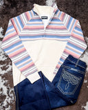 Prime Hooey 1/4 Zip Pullover displayed and styles on cowhide background.