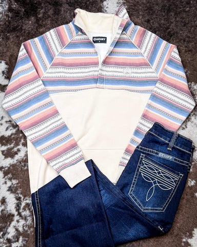 Prime Hooey 1/4 Zip Pullover displayed and styles on cowhide background.