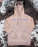 Jimmy Ladies Hooey Hoodie in Portabella with Aztec pattern being displayed on cowhide.