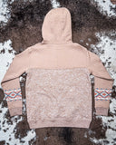 Jimmy Ladies Hooey Hoodie in Portabella with Aztec pattern being displayed on cowhide.