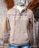 Jimmy Ladies Hooey Hoodie in Portabella with Aztec pattern being displayed mannequin.