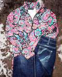 Midnight Bloom Fitted Pullover displayed with jeans on cowhide.