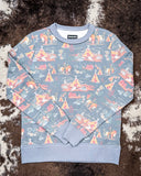 Blue Stallion Hooey Ladies Crew Sweatshirt displayed on hide background