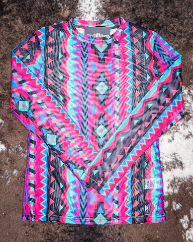 Retro Funk Mesh Top displayed on cowhide.