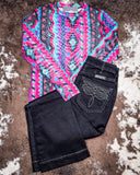 Retro Funk Mesh Top styled with jeans and displayed on cowhide.