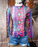 Retro Funk Mesh Top styled and displayed on a mannequin in front of wood background.