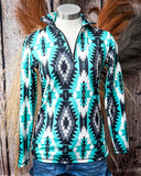 Aztec Everest Fitted Pullover displayed on mannequin in front of wood and wheat background.