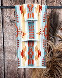 Pecos Towels displayed on rode in front of wood and wheat backdrop.