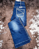 Honor Dark Trouser Jeans displayed on cowhide.