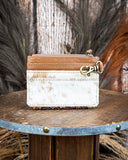 Back of the Wildflowers of The Prairie Card Holder on a wooden table with wheat in the back.