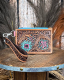 The Pride of Prickly Pears Card Holder on a wooden table with wheat in the back, wood back drop.