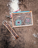 The Pride of Prickly Pears Card Holder displayed on cowhide.