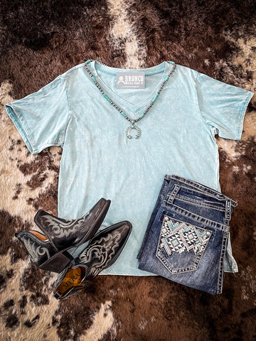 Frisco Acid-Wash V-Neck Tee - Dusty Teal