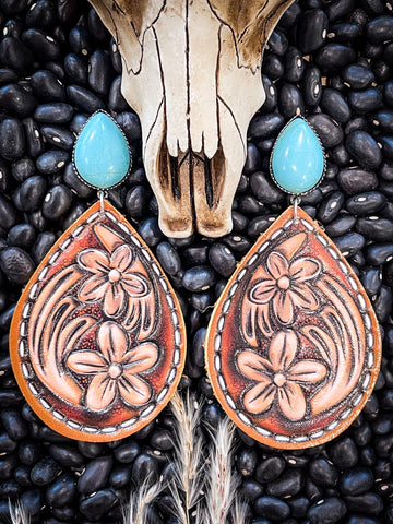 Bambi Turquoise and Floral Tooled Leather Stud Earrings