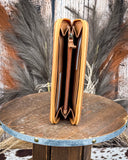 Brown leather wallet on a wooden stand with a rustic background