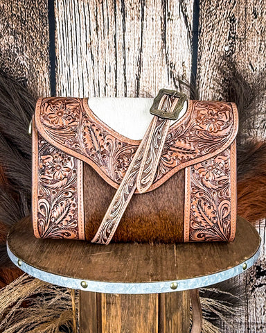 Myra Bag - Copper Charm Hand Tooled Bag in Earthen Hide & White