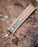 Decorative leather strap with metal clasp on a textured brown background