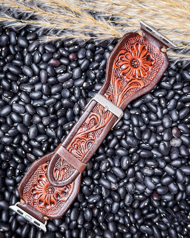 Myra Bag - Lone Star Hand Tooled Leather Watch Band in Antique Mahogany