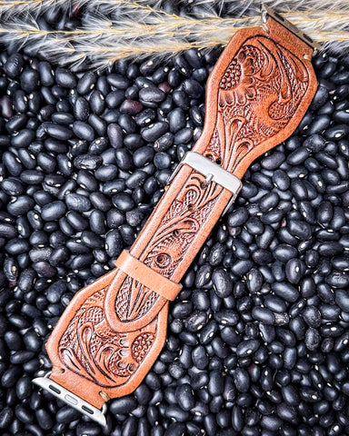 Myra Bag - Lone Star Hand Tooled Leather Watch Band in Antique Saddle Brown