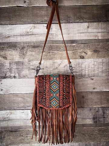 Western tooled leather floral heart fringe bag – W Brand Designs