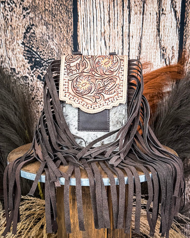 Reveena Hair on Hide Fringe Phone Crossbody Bag