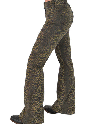 A pair of leopard-print flared pants shown on a model from the waist down, featuring a brown and black animal pattern, set against a plain white background.