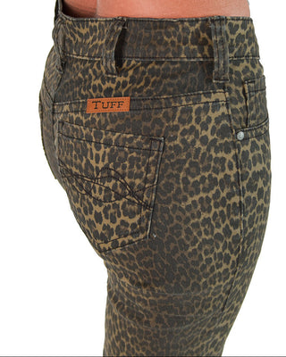 Leopard print pants with 'TUFF' brand label on a white background