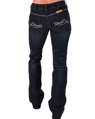 Dark blue jeans with decorative stitching on a white background