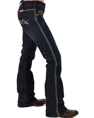 Dark blue jeans with decorative stitching on a white background