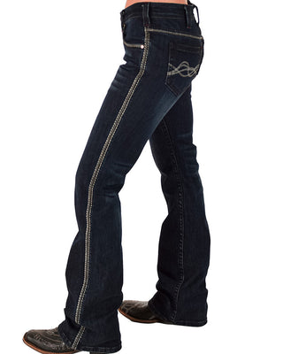 Dark blue jeans with decorative stitching on a white background
