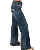 Blue jeans with a design on the pocket against a white background